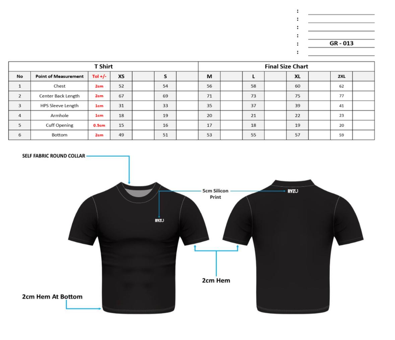 Size Chart for Proactive Gym Shirt